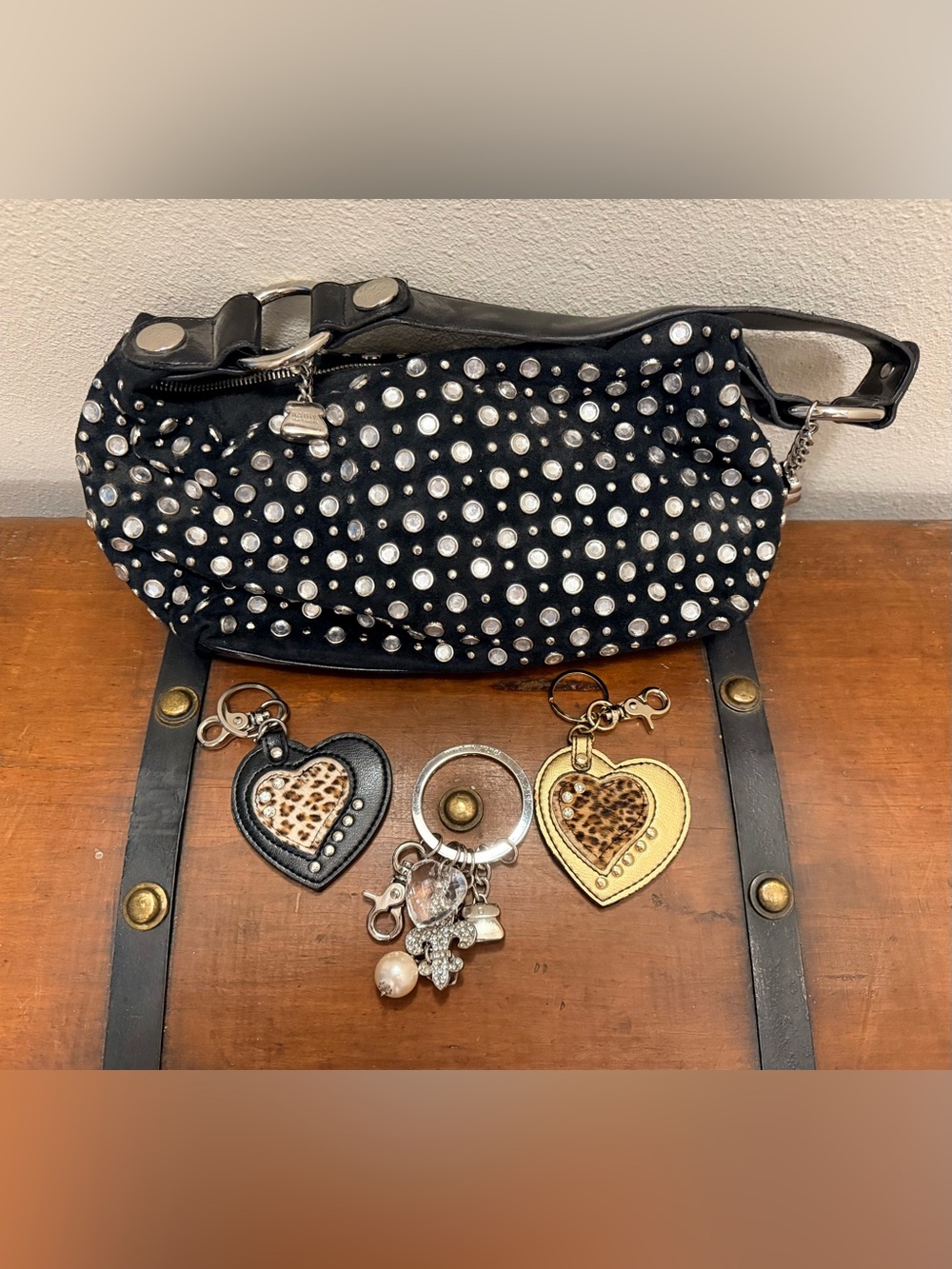 Kathy Van Zeeland Black Studded Hobo with Silver Accents and Key Chains